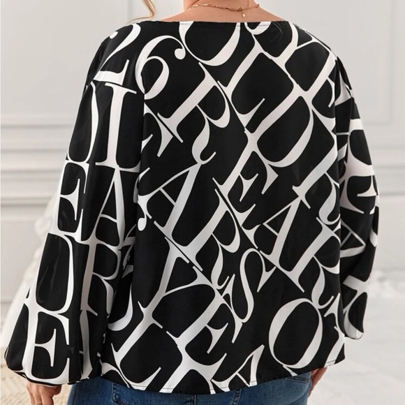 Classic Elegant Abstract Alphabet Letter Print Batwing Sleeve Top Blouse - Picture 5 of 11